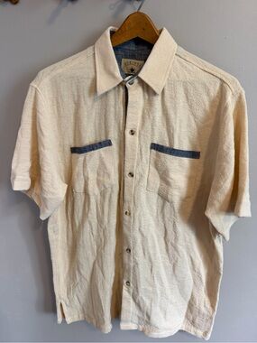 Bukinté 100% Linen Short Sleeve Button Up Shirt Cream Natural Denim Trim Mens L